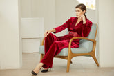 Wine Red V-neck Velvet Pant Suits - FashionByTeresa